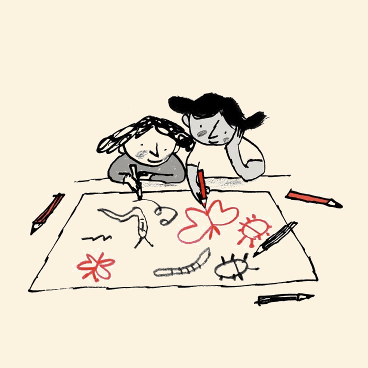 Ink illustration of two children leaning over a big sheet of paper, drawing with crayons
