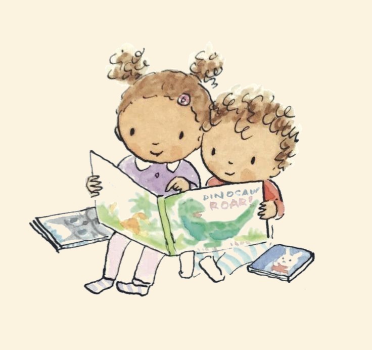 Watercolour illustration of two children sitting together, sharing a picture book