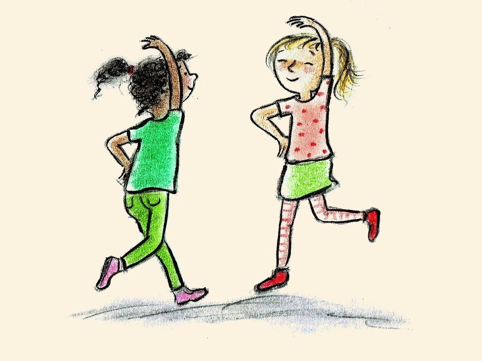 Pencil illustration of two children running together, arms raised