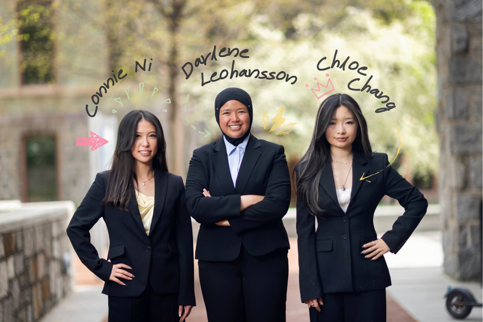 Connie Ni, Darlene Leohansson and Chloe Chang standing together on campus, their names doodled above them